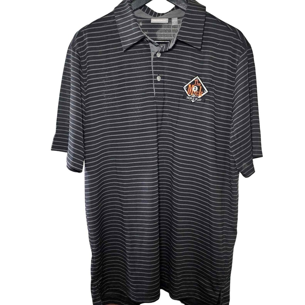 Ashworth Mens EZ-Tec2 Black &‎ Gray Stripe Golf Polo Triple Play Logo, Sz L NWT